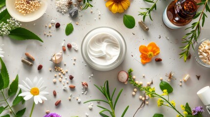 skin care cream bottle surrounded by natural spa ingredients and vitamins on a clean surface