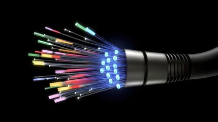 Sticker - close-up of a fiber optic cable with glowing strands emanating from the end.