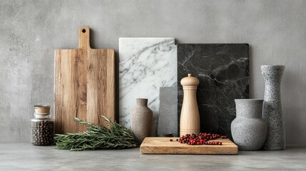 Wall Mural - A minimalist kitchen still life with wooden cutting boards, marble, pepper mill, and gray vases.