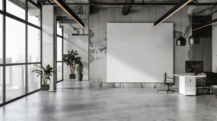 Poster - Spacious concrete office featuring a blank white wall