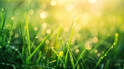 Aufkleber - Spring grass with morning dew glistening in natural light