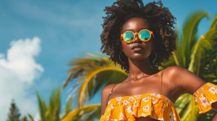 Wall Mural - Stylish black woman in a vibrant summer outfit standing confidently outdoors