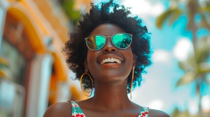 Wall Mural - Stylish black woman wearing sunglasses and summer dress smiling