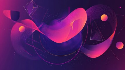 Wall Mural - abstract purple and pink graphic design with geometric shapes and flowing lines on dark background.