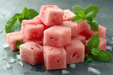 Fresh Watermelon Cubes and Mint on Bright Coral Background