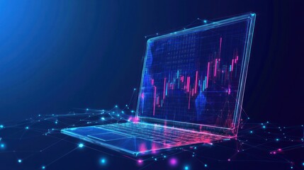 Wall Mural - a futuristic, digital representation of a laptop with a financial chart on the screen, set against a