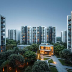 Modern urban apartment complex, high-rise residential buildings, glass facades, green urban landscape, central illuminated pavilion, dusk lighting, architectural rendering, photorealistic, dramatic li