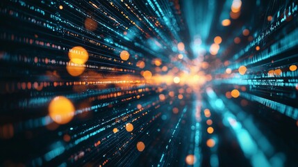 Data flow in a digital tunnel with blue and orange lights