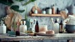 © venusvi - Variety of cosmetics for daily hygiene displayed on a wooden table