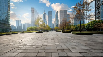 Poster - Urban plaza with a city skyline backdrop and no people around