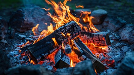 Aufkleber - Vibrant campfire flames with detailed wood texture and glowing coals