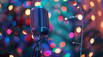 Aufkleber - Vintage microphone on stage surrounded by colorful bokeh lights