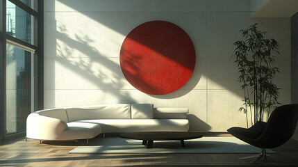 Wall Mural - Modern Living Room Interior Design with Red Circle Wall Art  White Sofa  and Black Armchai