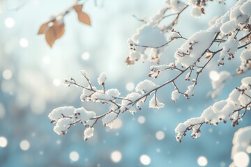  Snow covered alder tree branch in focus against blurred background.