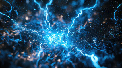 Wall Mural - blue light energy in abstract dark space, electric impulses or plasma background, macro view of neur