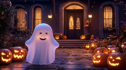 Friendly Ghost on Halloween Night with Jack o Lanterns and House