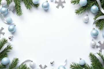 Wall Mural - Festive holiday border with blue and silver ornaments and greenery