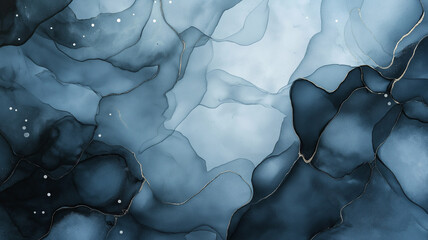 Abstract blue and gray fluid art with soft shapes and gold accents evokes tranquility