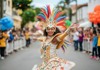 Colorful Mardi Gras carnival performer dancing in vibrant street parade.