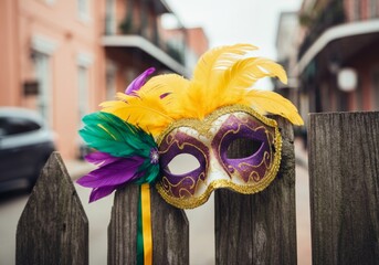 Festive Mardi Gras mask with feathers on wooden fence