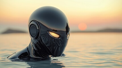 Poster - Futuristic robot emerges from tranquil water at sunset, reflecting serene technology, AI