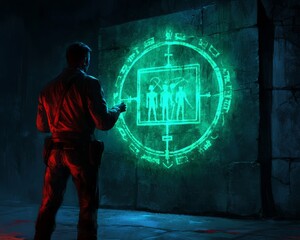 Canvas Print - A man stands in front of a glowing stone wall with a symbol on it.