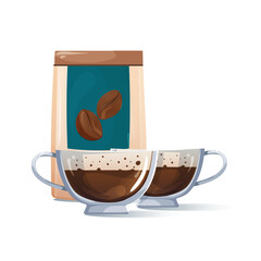 Vector illustration of brewed coffee with milk for two with ground coffee in paper bag on background. Drink design for social media advertising