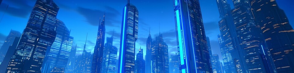 cyberpunk metropolis with photo realistic skyscrapers in a row illuminated by blue futuristic light