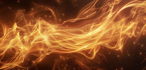 A glowing golden wave of energy is set against an empty black background. The waves form the shape of two intertwined flames with sparks and swirls around them.