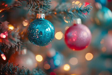 christmas balls with copy space and bokeh