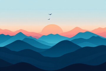 A minimalist illustration of a mountain range at sunset with a blue and pink sky.