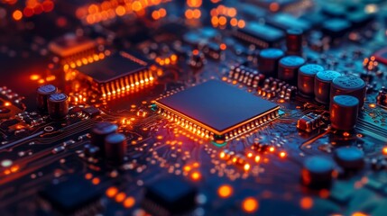 An intricate electronic circuit glows with the luminescence of a central microchip, symbolizing the heart of modern computing and digital connectivity in the bright setting.