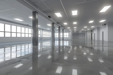 Wall Mural - Vacant commercial space with polished floors and ceiling lights.