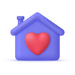 © Violet Sun - 3D House icon with heart isolated on white background. Stay at home. Love symbol.