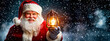 © Svetlana Kolpakova - Smiling Santa Claus Holding a Lantern in Snowy Night - Cheerful Christmas Holiday Scene. banner