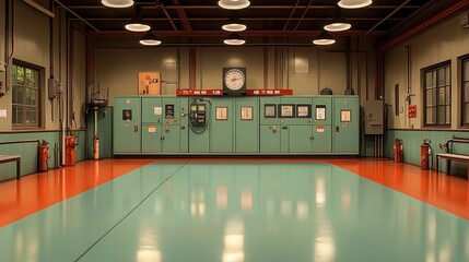 Industrial control room with green control panel, red floor, and two windows.