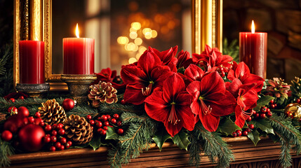 Poster - Festive Christmas Mantel Decor with Red Amaryllis and Candles Creating a Cozy Holiday Ambiance.Winter Christmas, Advent still life.