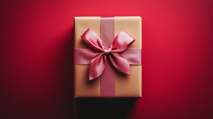 Top view of a gift box wrapped in paper with a pink ribbon on a red background.