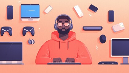 A senior African software engineer in a casual workspace, wearing a hoodie and headphones, as they work on coding projects surrounded by tech devices.