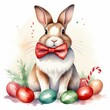 © moonart - A festive rabbit wearing a red bow tie surrounded by colorful eggs and a candy cane in a spring setting