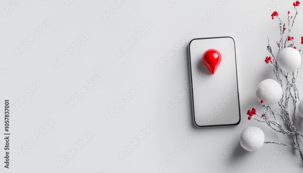 A smartphone displaying a GPS map with a red location pin, set against ...