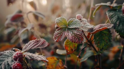 Sticker - Strawberry leaves frosted in cool fall morning garden scene with hazy backdrop.