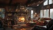 © LEMAT WORKS - Warm and Inviting Log Cabin Interior with Firewood and Comfortable Seating  - Made with Generative AI