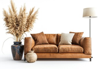 Cozy brown sofa  lamp and vase with pampas grass isolated on white background