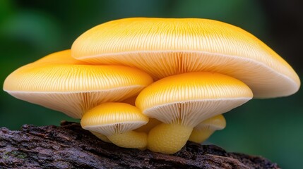 Wall Mural - Golden mushrooms cluster on a log, showcasing vibrant caps and delicate gills, AI