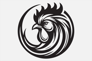 A black-and-white vector silhouette of a rooster head.