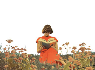 Wall Mural - png retro collage of girl reading book publication outdoors cartoon.