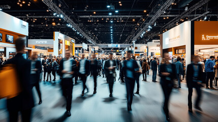 blurred image of a bustling trade show or exhibition hall with people walking and various booth disp