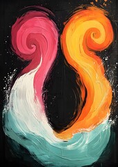 A painting of two spirals with a splash of color. The painting is abstract and has a sense of movement