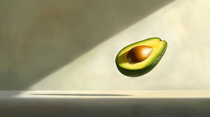 Wall Mural -   A painting depicts an avocado suspended in mid-air with a shadow cast upon the adjacent wall